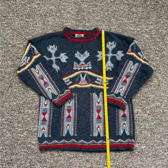Vintage Men's Blue Aztec Tribal Grandmacore Patterned Cotton Sweater crochet hem - Picture 2 of 9